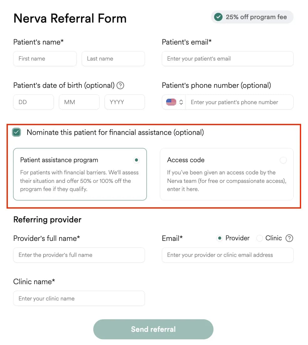 Nerva referral form with the option to nominate a patient for financial assistance